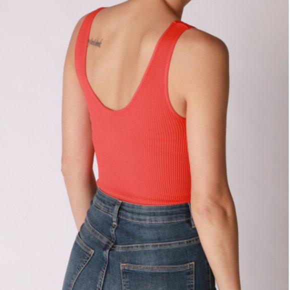 Red Ribbed Thong V Neck Bodysuit - Picture 3 of 3